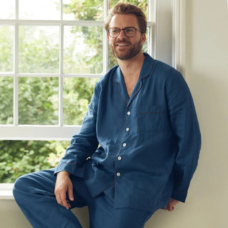 Men's Marine Blue Linen Pajama Set