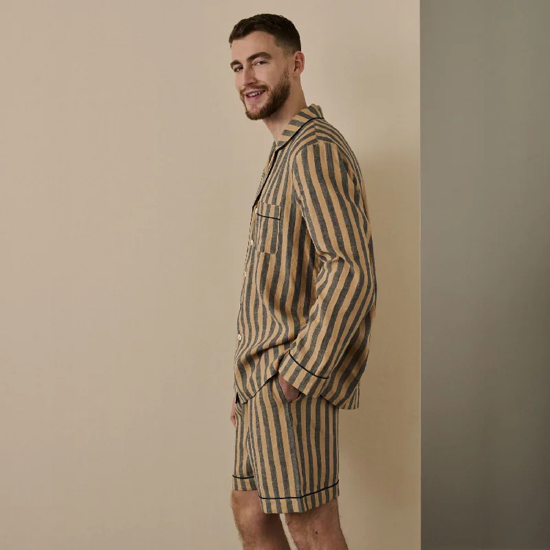 Men's Blue & Porcini Striped Linen Pajama Short Set