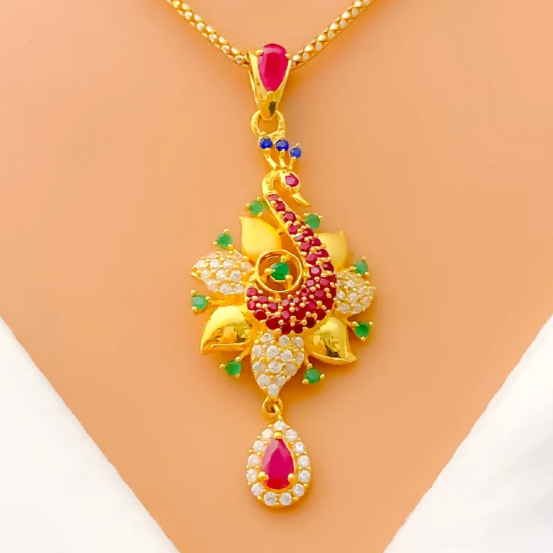 Vibrant Floral 22k Gold CZ Pendant Set