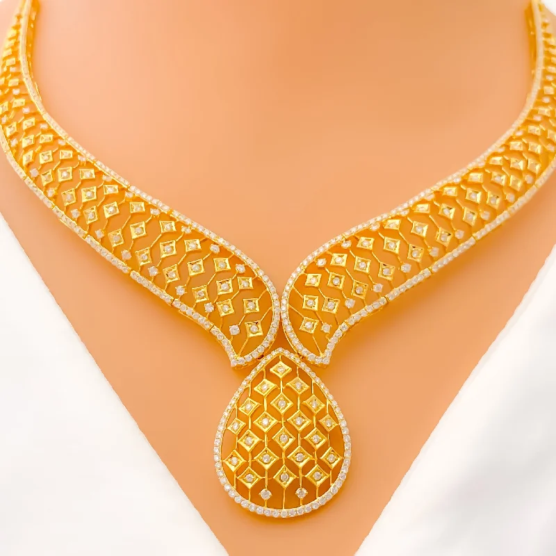 Elegant Contemporary Drop Diamond + 18k Gold Necklace Set