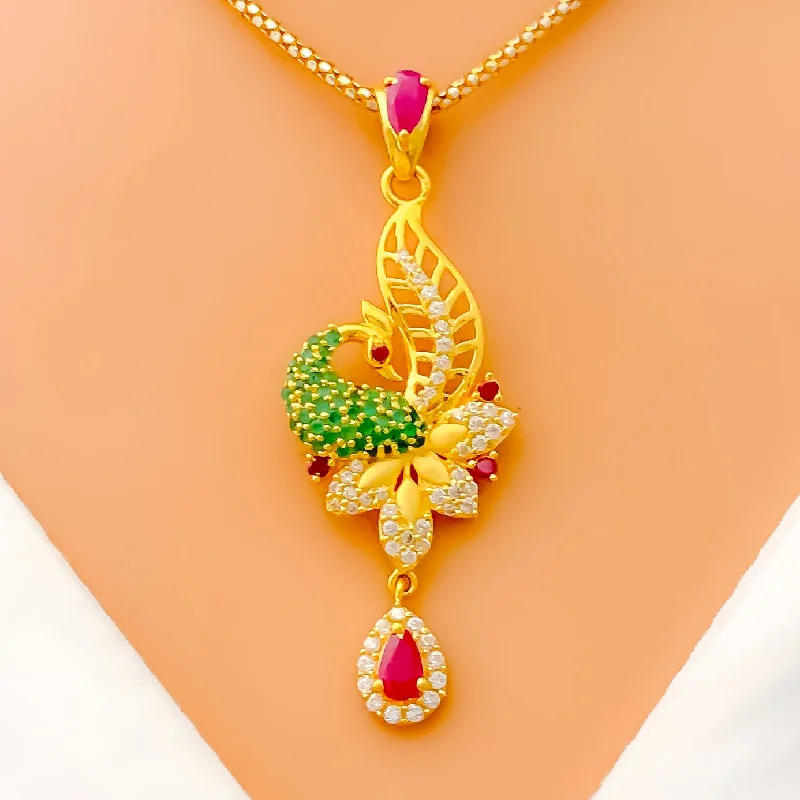 Decorative Leaf Accented 22k Gold CZ Pendant Set