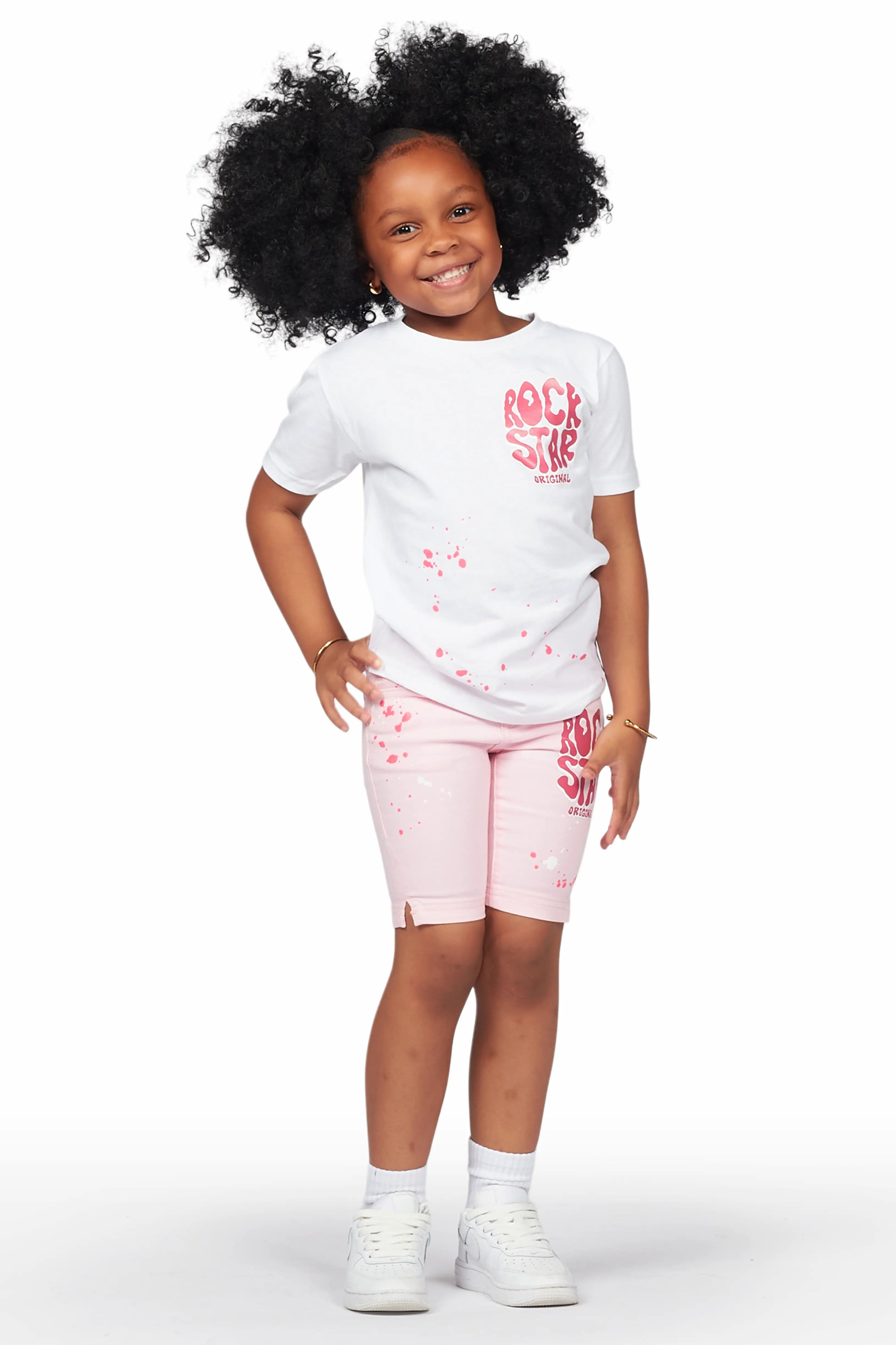 Girls Racha White/Pink T-Shirt Denim Short Set