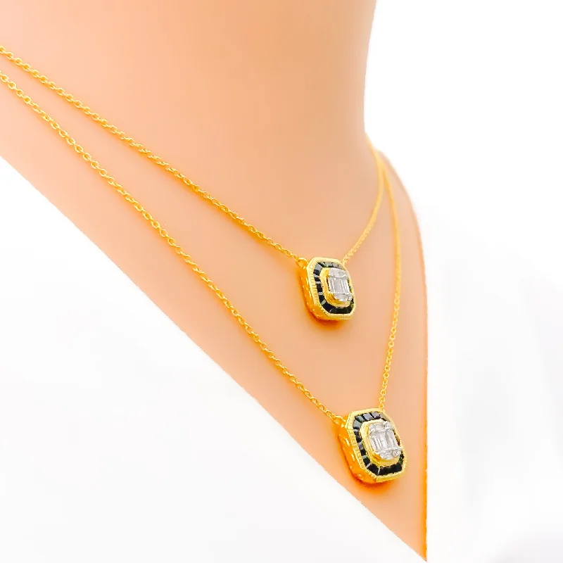 Contemporary Square Block Diamond + 18k Gold Necklace Set