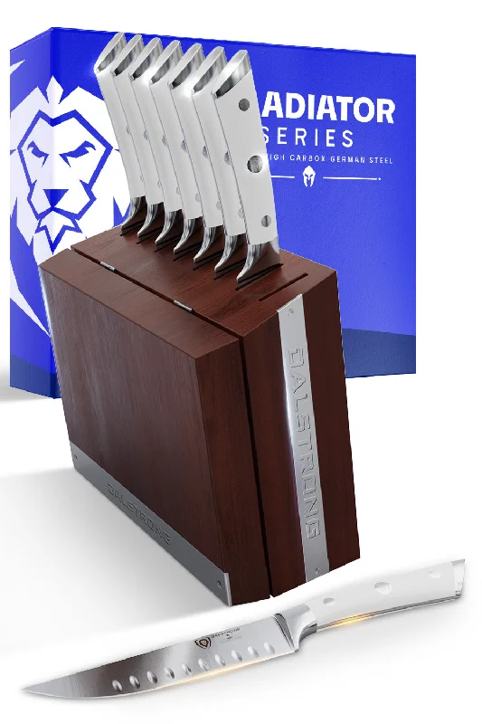 8-Piece Steak Knife Set | White ABS Handles with Storage Block | Gladiator Series | Knives NSF Certified | Dalstrong ©