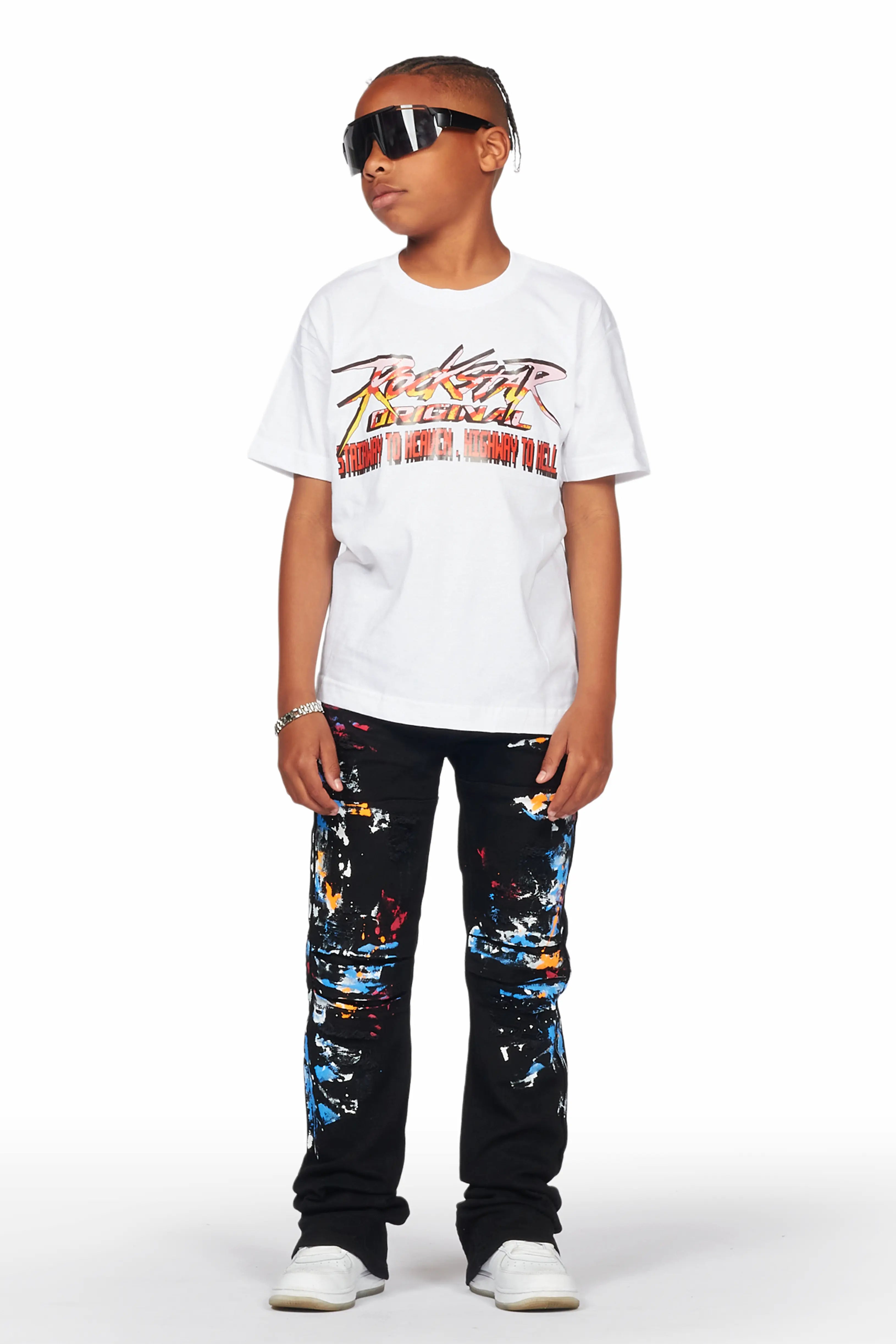 Boys Sagen White T-Shirt/Stacked Flare Jean Set