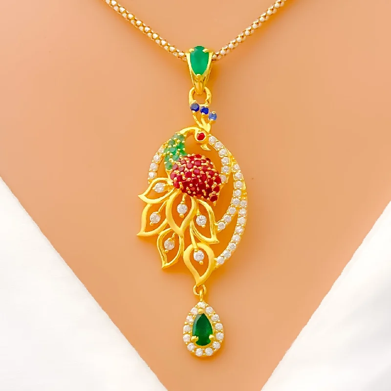 Detailed Delicate Peacock 22k Gold CZ Pendant Set