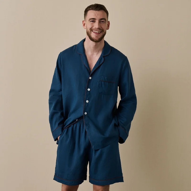 Men's Marine Blue Linen Pajama Short Set