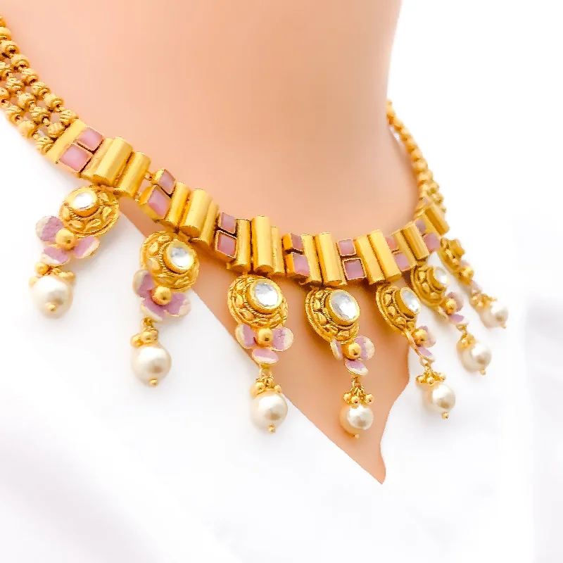 Magnificent Floral Pearl Drop 22k Gold Necklace Set