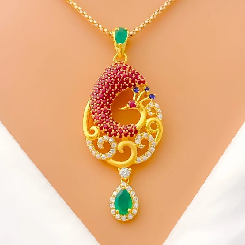 Delightful Peacock Drop 22k Gold CZ Pendant Set