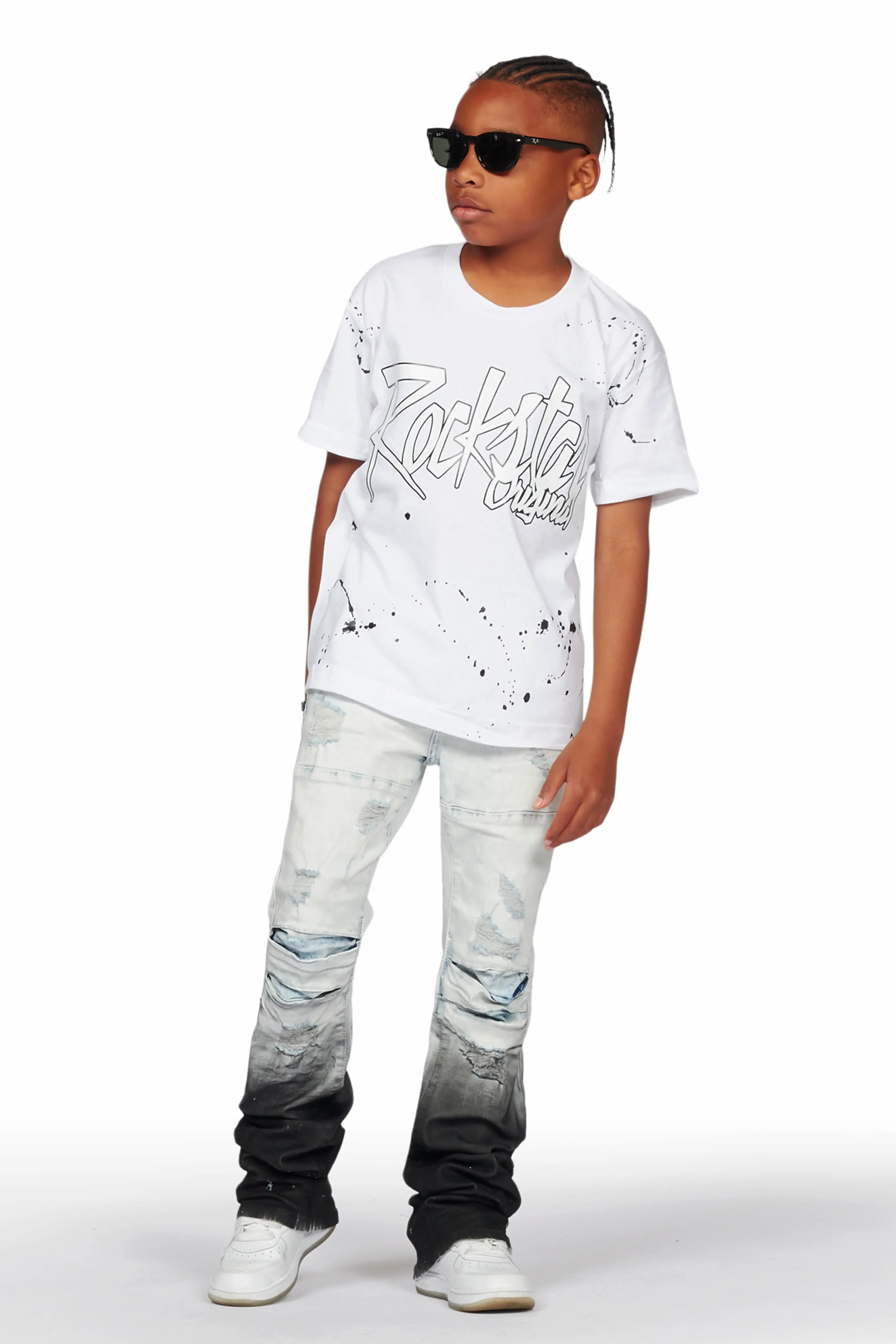 Boys Tallis White T-Shirt/Stacked Flare Jean Set