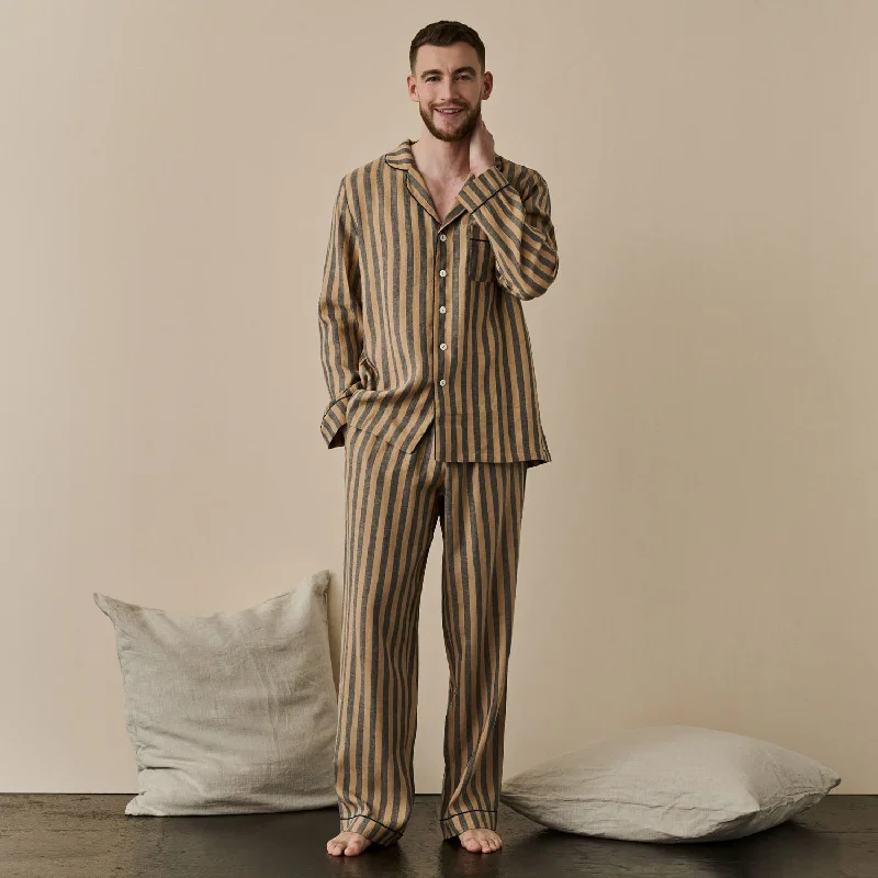 Men's Blue & Porcini Striped Linen Pajama Set