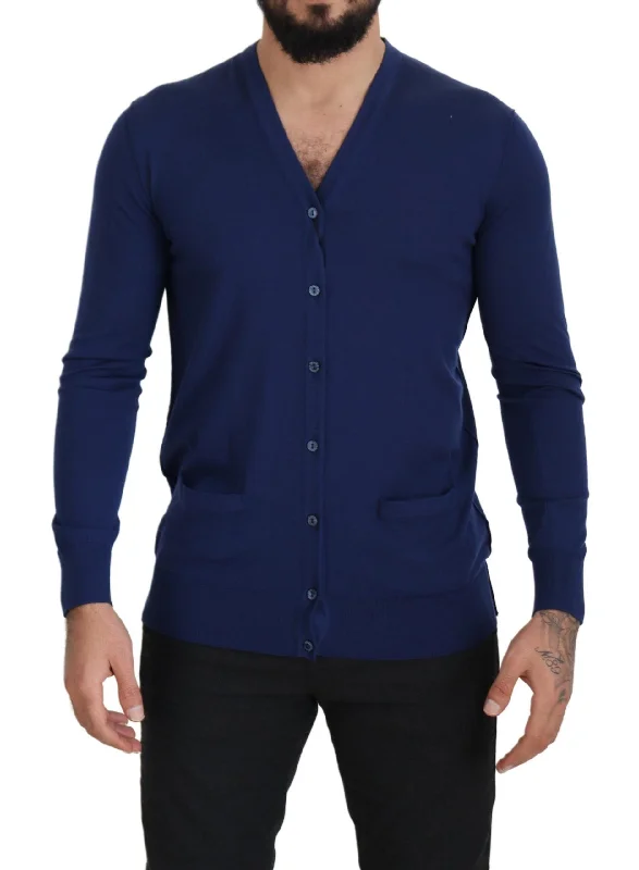 Dolce & Gabbana Blue Wool V-neck Button Down Cardigan Men's Sweater