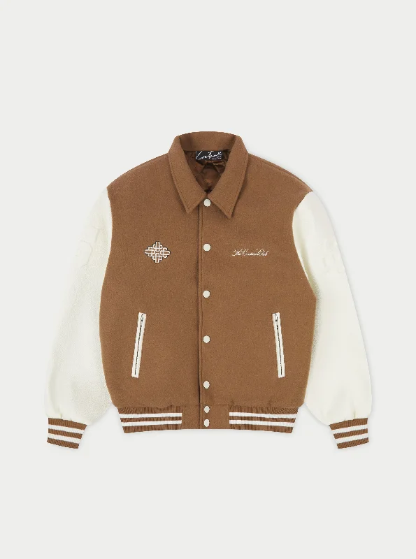 EMBLEM CHENILLE VARSITY JACKET - BROWN