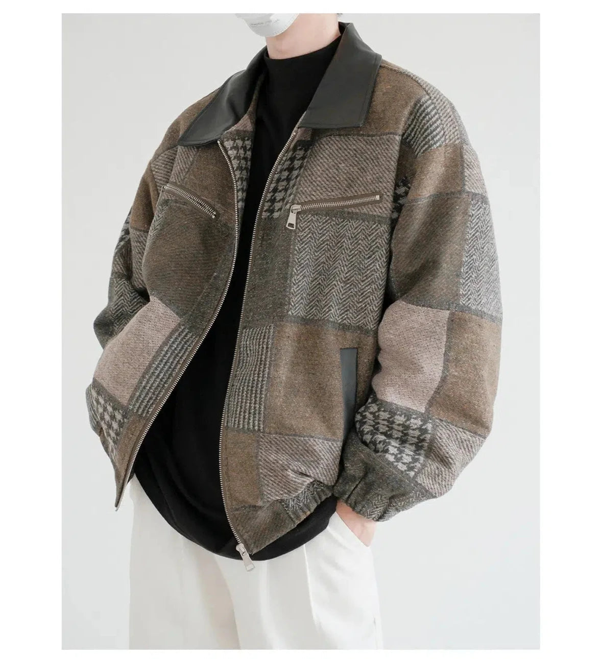 Zip Pockets Patchwork Bomber Jacket