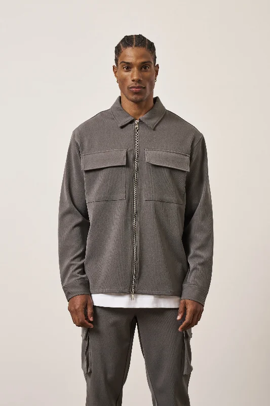 TECHNICAL RIB ZIP THROUGH SHACKET - CHARCOAL