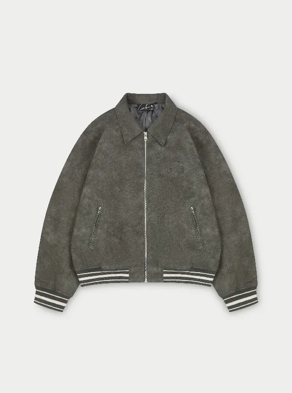 VINTAGE LOOK FAUX LEATHER BOMBER JACKET - GREY