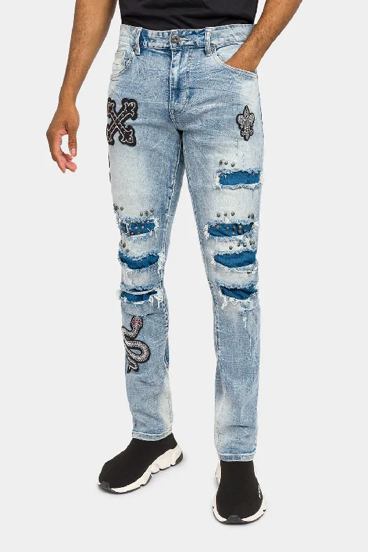 Crystals embellished patches studded Denim Jeans