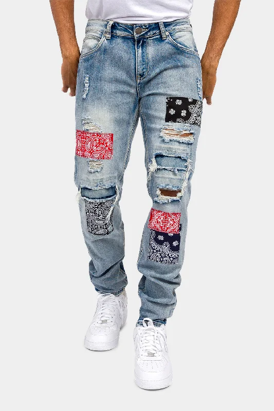 Distressed Bandana Paisley Patch Denim Jeans