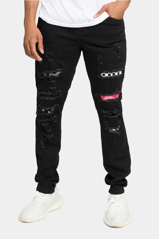 Distressed Patterned Patchwork Denim Jeans