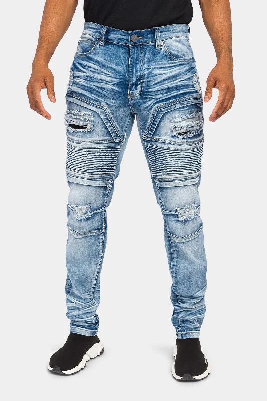 Faded Stacked Biker Denim Jeans