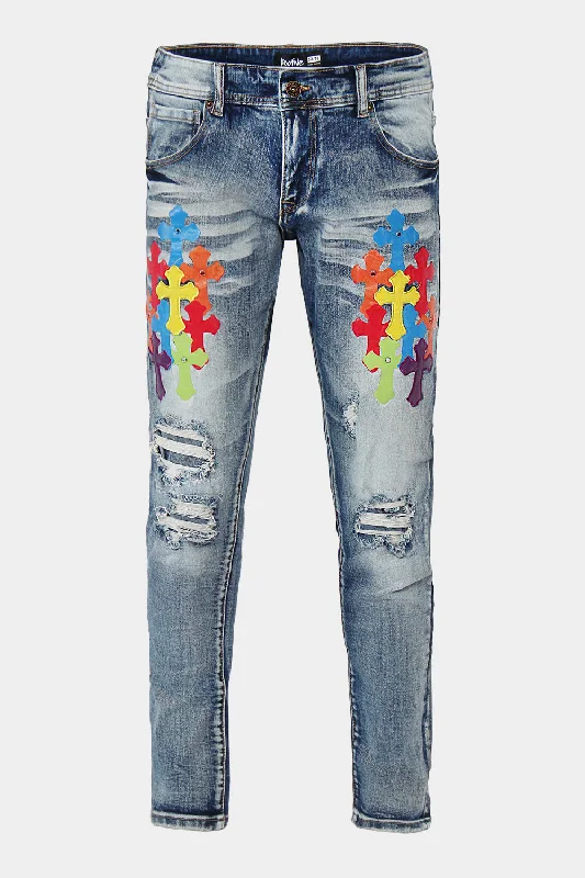 Ripped Jeweled Pu Cross Denim Jeans