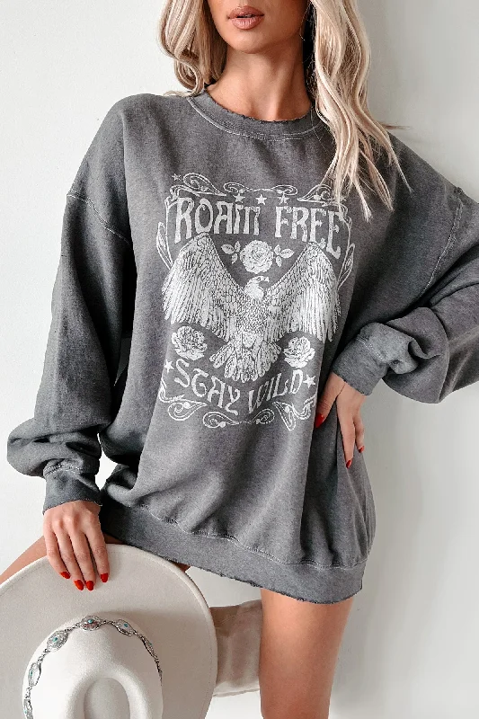 "Roam Free" Oversized Distressed Graphic Sweatshirt (Charcoal)