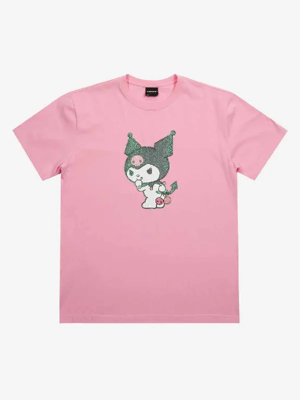 Kuromi Glitter Print Pink Tee