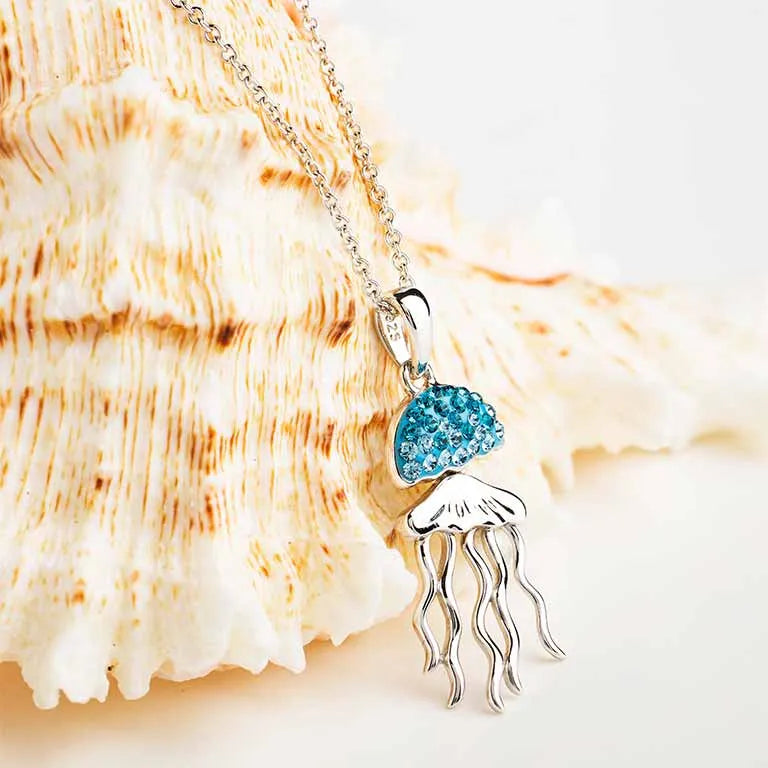 Sterling Silver Aqua Crystal Jellyfish Necklace