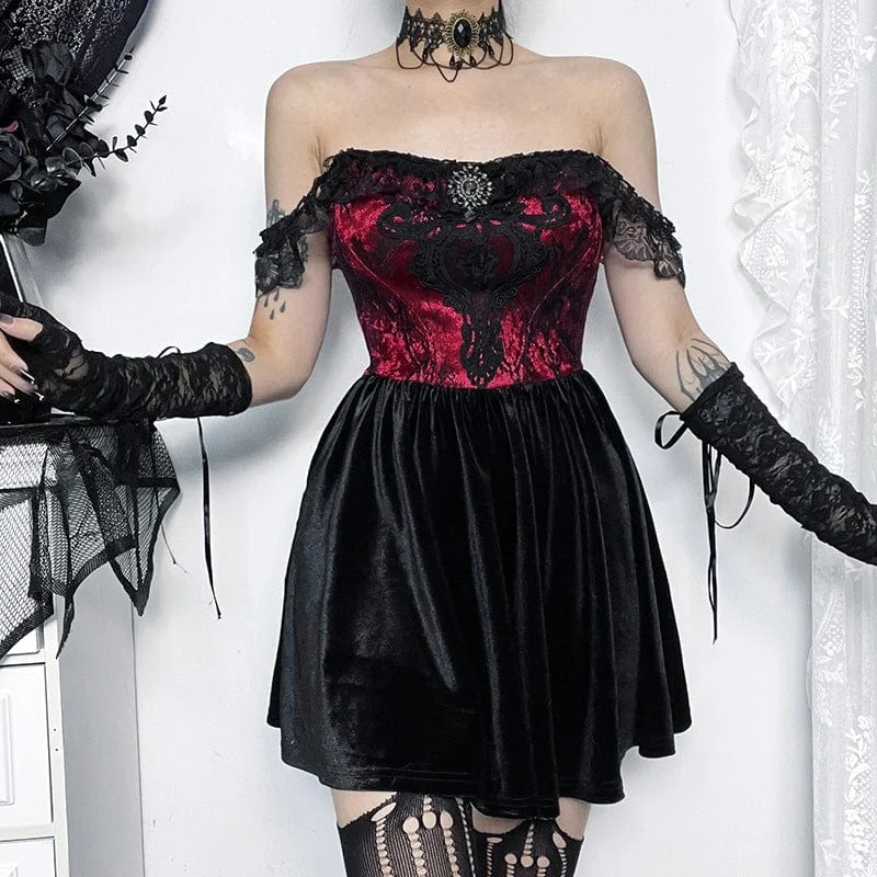 Women's Gothic Off Shoulder Lace Velvet Dress