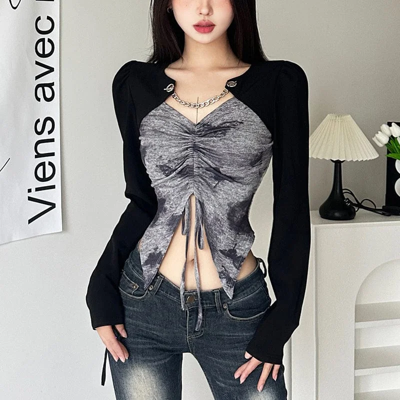 Women's Grunge Butterfly Printed Lace-up Shirt