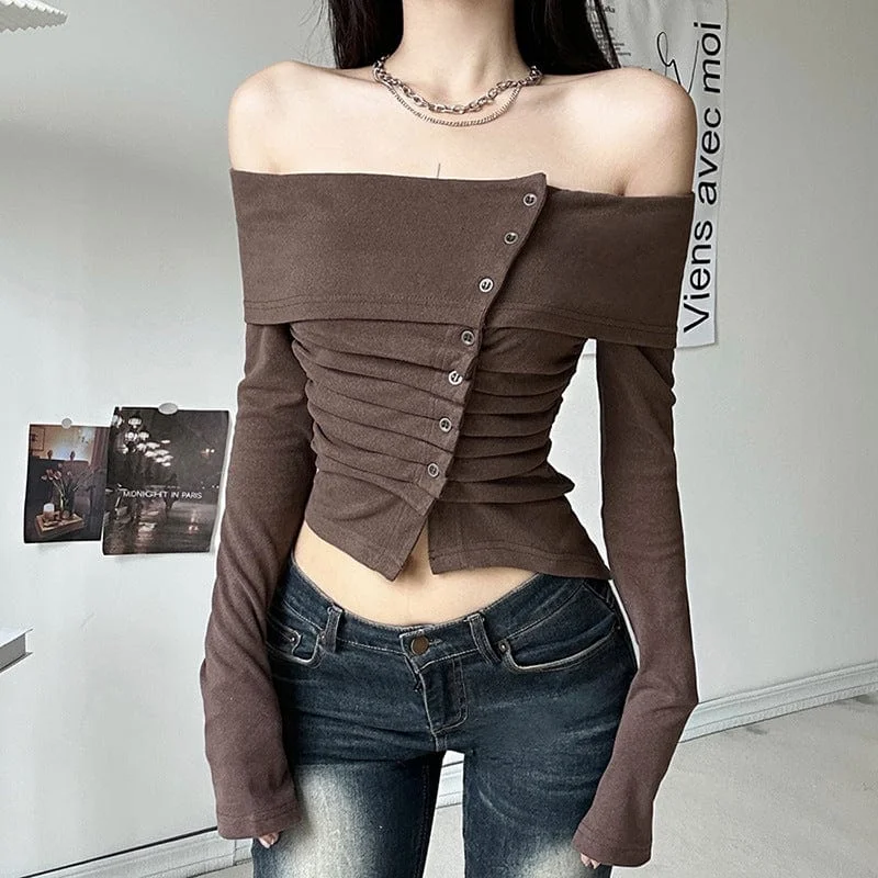 Women's Grunge Ruffled Off Shoulder Long Sleeved Crop Top