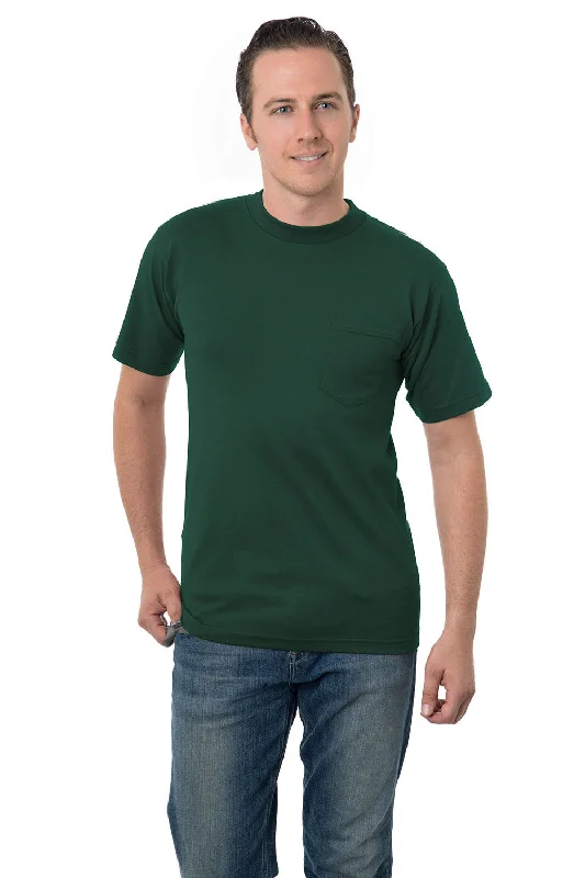 Bayside Mens USA Made Short Sleeve Crewneck T-Shirt w/ Pocket - Forest Green