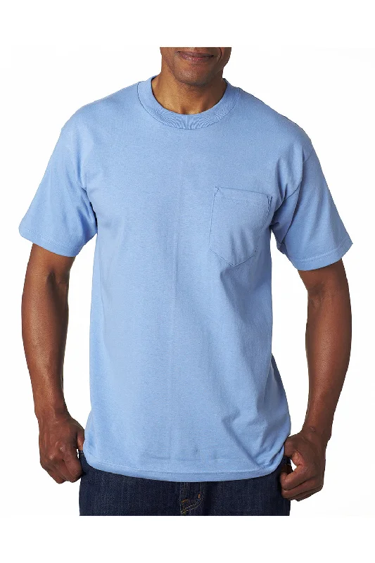 Bayside Mens USA Made Short Sleeve Crewneck T-Shirt w/ Pocket - Carolina Blue