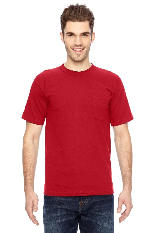 Bayside Mens USA Made Short Sleeve Crewneck T-Shirt w/ Pocket - Red