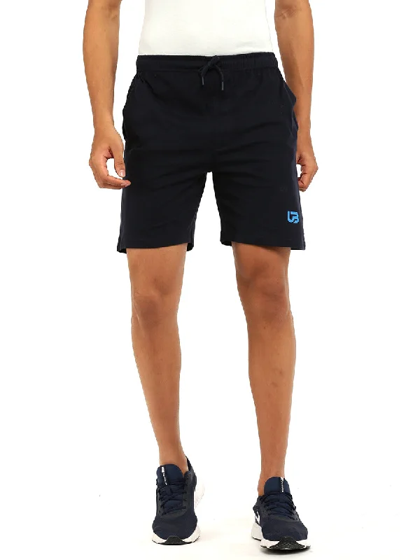 Men Navy Combed Cotton With Side Zipper Shorts